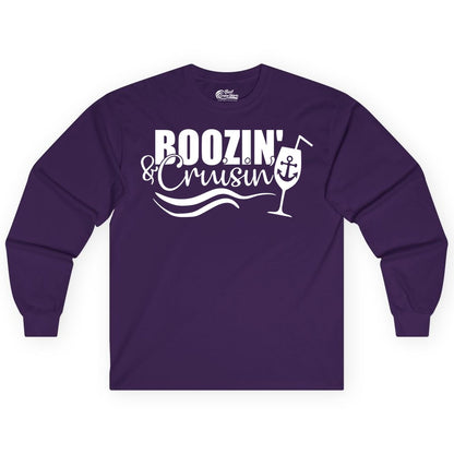 Boozin and Cruisin Shirt - Funny Cruise Drinking Shirt for Adults (Long Sleeve) in Purple - Boozin and Cruisin Shirt - Nautical Cruise Drinking Humor Tee Design