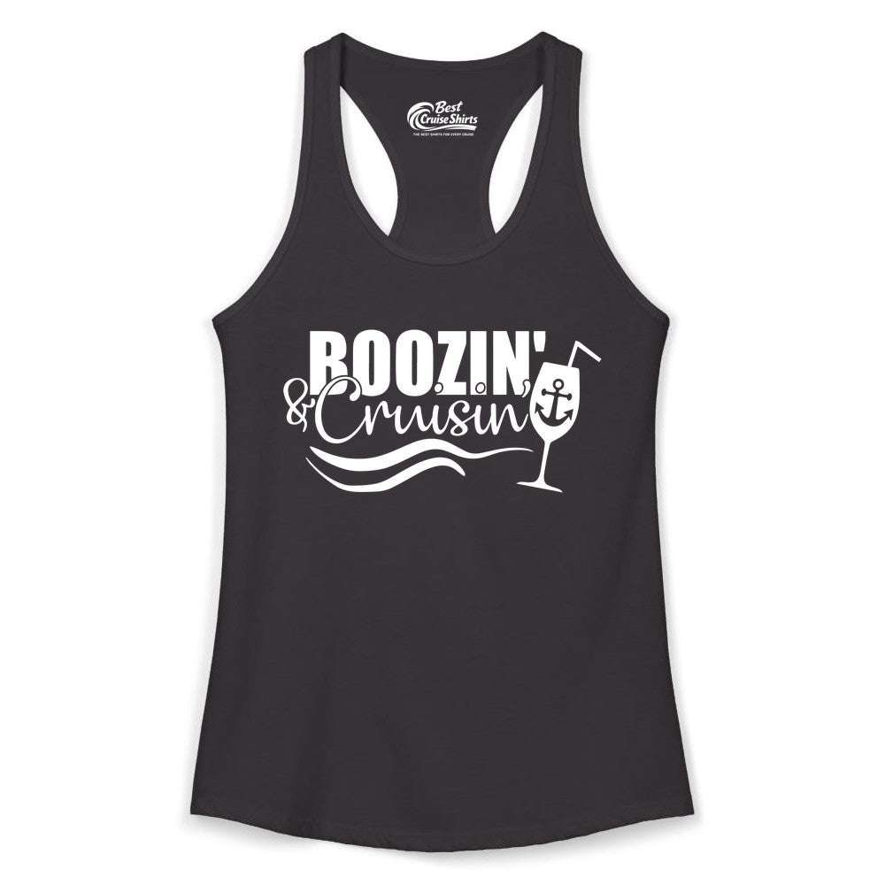 Boozin and Cruisin Shirt - Funny Cruise Drinking Shirt for Adults (Ladies Tank) in Black - Boozin and Cruisin Shirt - Nautical Cruise Drinking Humor Tee Design
