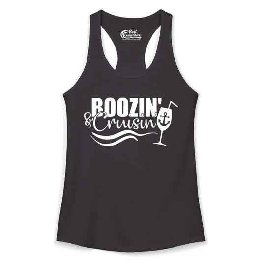 Boozin and Cruisin Shirt - Funny Cruise Drinking Shirt for Adults (Ladies Tank) in Black - Boozin and Cruisin Shirt - Nautical Cruise Drinking Humor Tee Design