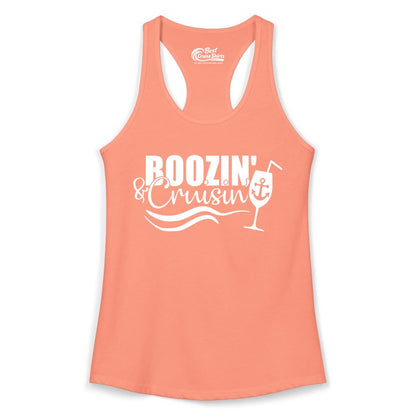 Boozin and Cruisin Shirt - Funny Cruise Drinking Shirt for Adults (Ladies Tank) in Solid Light Orange - Boozin and Cruisin Shirt - Nautical Cruise Drinking Humor Tee Design