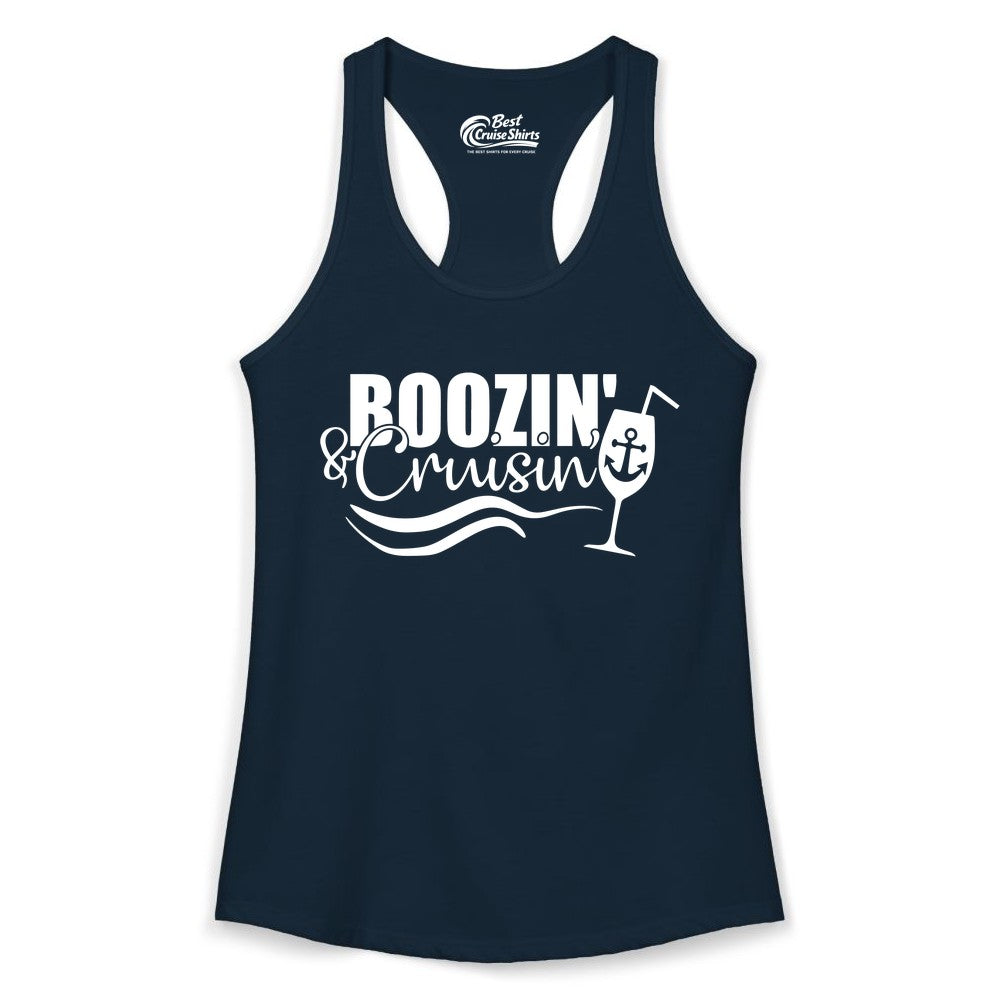 Boozin and Cruisin Shirt - Funny Cruise Drinking Shirt for Adults (Ladies Tank) in Solid Midnight Navy - Boozin and Cruisin Shirt - Nautical Cruise Drinking Humor Tee Design