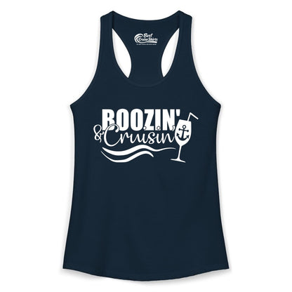 Boozin and Cruisin Shirt - Funny Cruise Drinking Shirt for Adults (Ladies Tank) in Solid Midnight Navy - Boozin and Cruisin Shirt - Nautical Cruise Drinking Humor Tee Design
