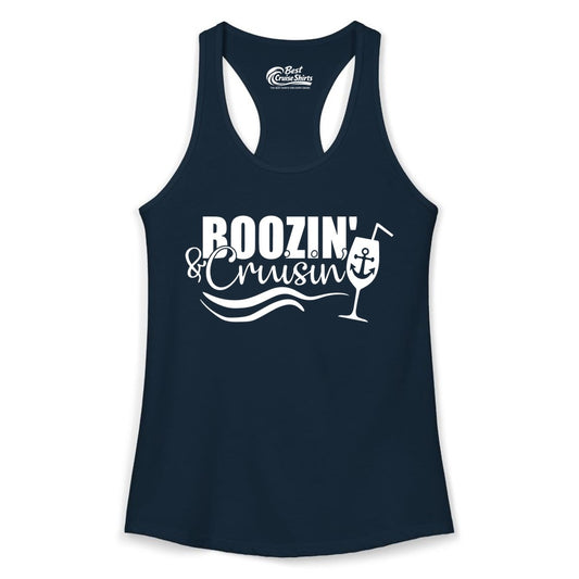 Boozin and Cruisin Shirt - Funny Cruise Drinking Shirt for Adults (Ladies Tank) in Solid Midnight Navy - Boozin and Cruisin Shirt - Nautical Cruise Drinking Humor Tee Design