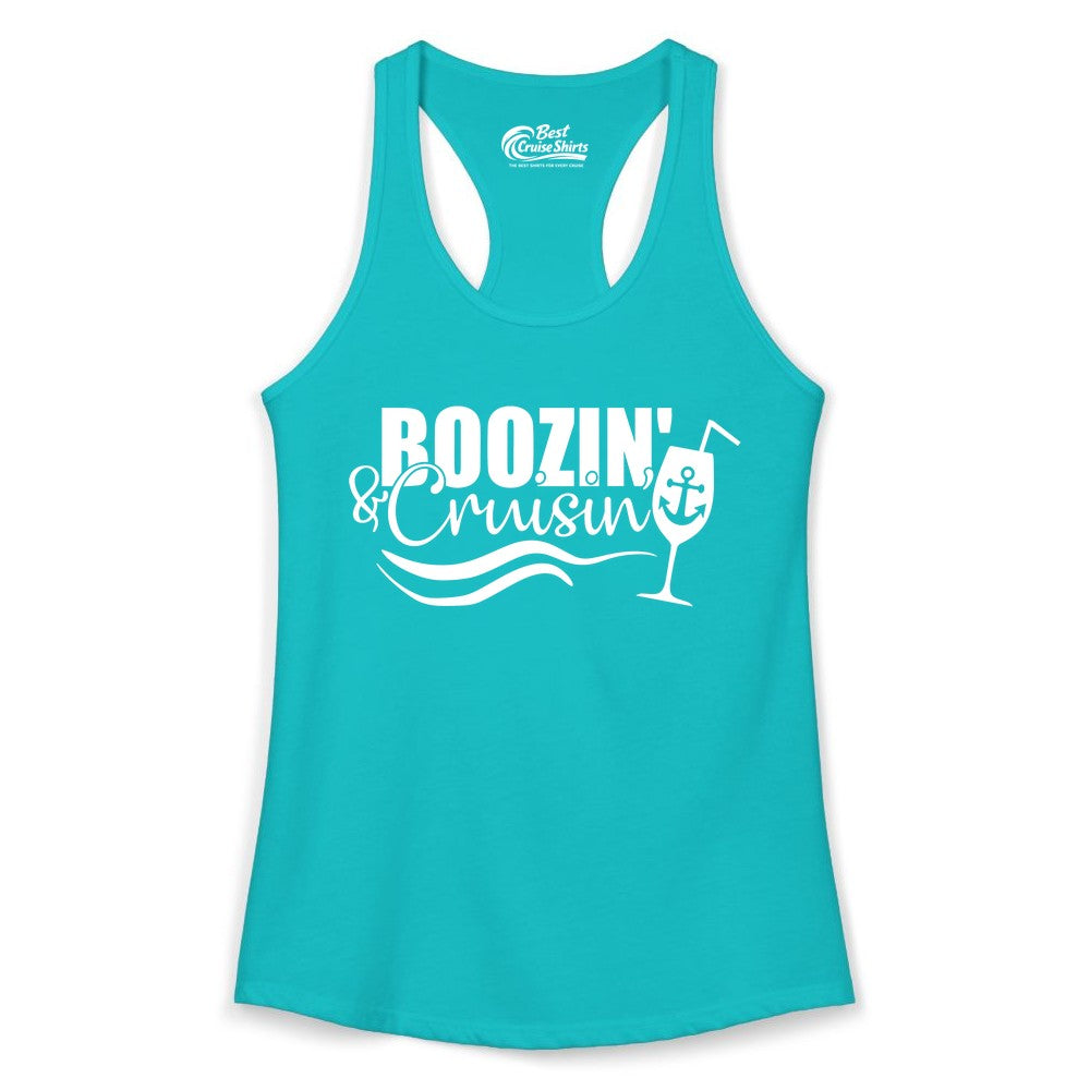 Boozin and Cruisin Shirt - Funny Cruise Drinking Shirt for Adults (Ladies Tank) in Tahiti Blue - Boozin and Cruisin Shirt - Nautical Cruise Drinking Humor Tee Design