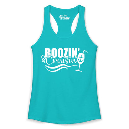 Boozin and Cruisin Shirt - Funny Cruise Drinking Shirt for Adults (Ladies Tank) in Tahiti Blue - Boozin and Cruisin Shirt - Nautical Cruise Drinking Humor Tee Design