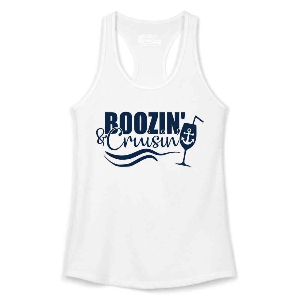 Boozin and Cruisin Shirt - Funny Cruise Drinking Shirt for Adults (Ladies Tank) in White - Boozin and Cruisin Shirt - Nautical Cruise Drinking Humor Tee Design