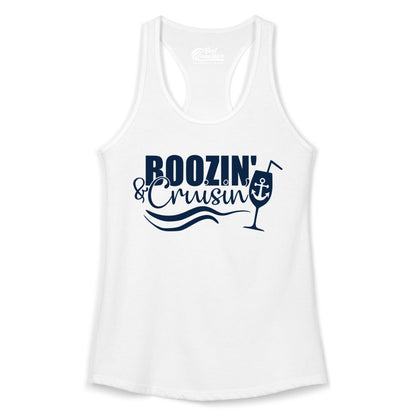 Boozin and Cruisin Shirt - Funny Cruise Drinking Shirt for Adults (Ladies Tank) in White - Boozin and Cruisin Shirt - Nautical Cruise Drinking Humor Tee Design