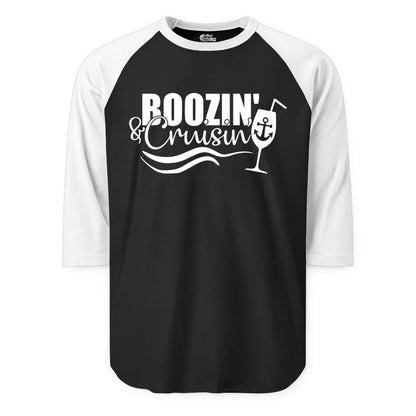 Boozin and Cruisin Shirt - Funny Cruise Drinking Shirt for Adults (Raglan) in BlackWhite - Boozin and Cruisin Shirt - Nautical Cruise Drinking Humor Tee Design
