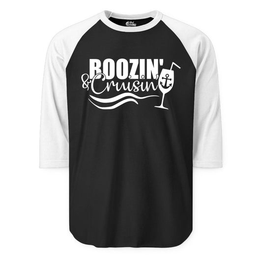 Boozin and Cruisin Shirt - Funny Cruise Drinking Shirt for Adults (Raglan) in BlackWhite - Boozin and Cruisin Shirt - Nautical Cruise Drinking Humor Tee Design