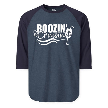 Boozin and Cruisin Shirt - Funny Cruise Drinking Shirt for Adults (Raglan) in Heather DenimNavy - Boozin and Cruisin Shirt - Nautical Cruise Drinking Humor Tee Design