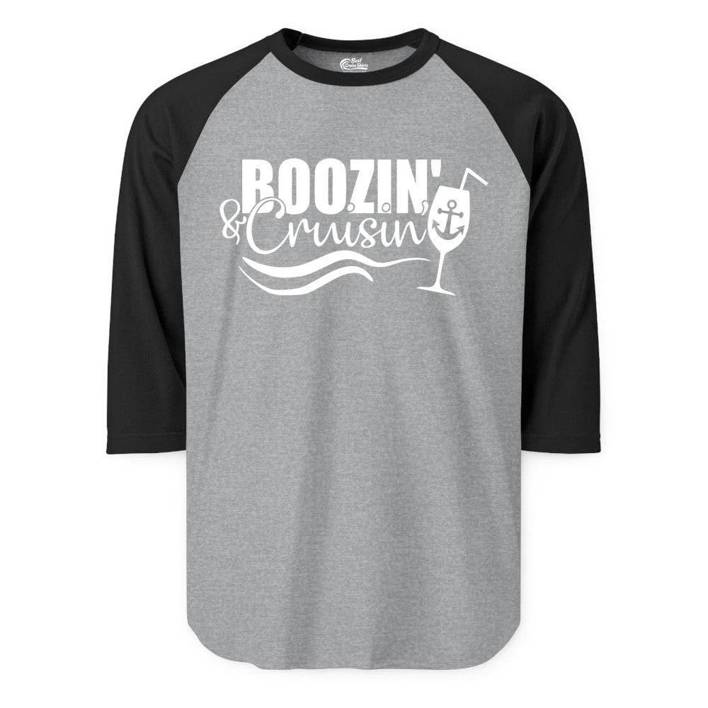 Boozin and Cruisin Shirt - Funny Cruise Drinking Shirt for Adults (Raglan) in Heather GreyBlack - Boozin and Cruisin Shirt - Nautical Cruise Drinking Humor Tee Design