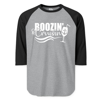 Boozin and Cruisin Shirt - Funny Cruise Drinking Shirt for Adults (Raglan) in Heather GreyBlack - Boozin and Cruisin Shirt - Nautical Cruise Drinking Humor Tee Design