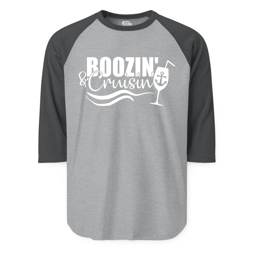Boozin and Cruisin Shirt - Funny Cruise Drinking Shirt for Adults (Raglan) in Heather GreyHeather Charcoal - Boozin and Cruisin Shirt - Nautical Cruise Drinking Humor Tee Design
