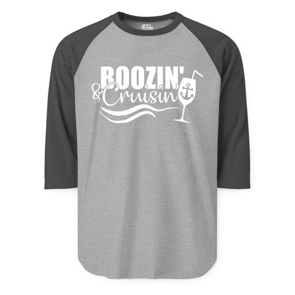 Boozin and Cruisin Shirt - Funny Cruise Drinking Shirt for Adults (Raglan) in Heather GreyHeather Charcoal - Boozin and Cruisin Shirt - Nautical Cruise Drinking Humor Tee Design