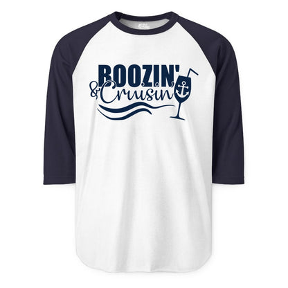Boozin and Cruisin Shirt - Funny Cruise Drinking Shirt for Adults (Raglan) in WhiteNavy - Boozin and Cruisin Shirt - Nautical Cruise Drinking Humor Tee Design