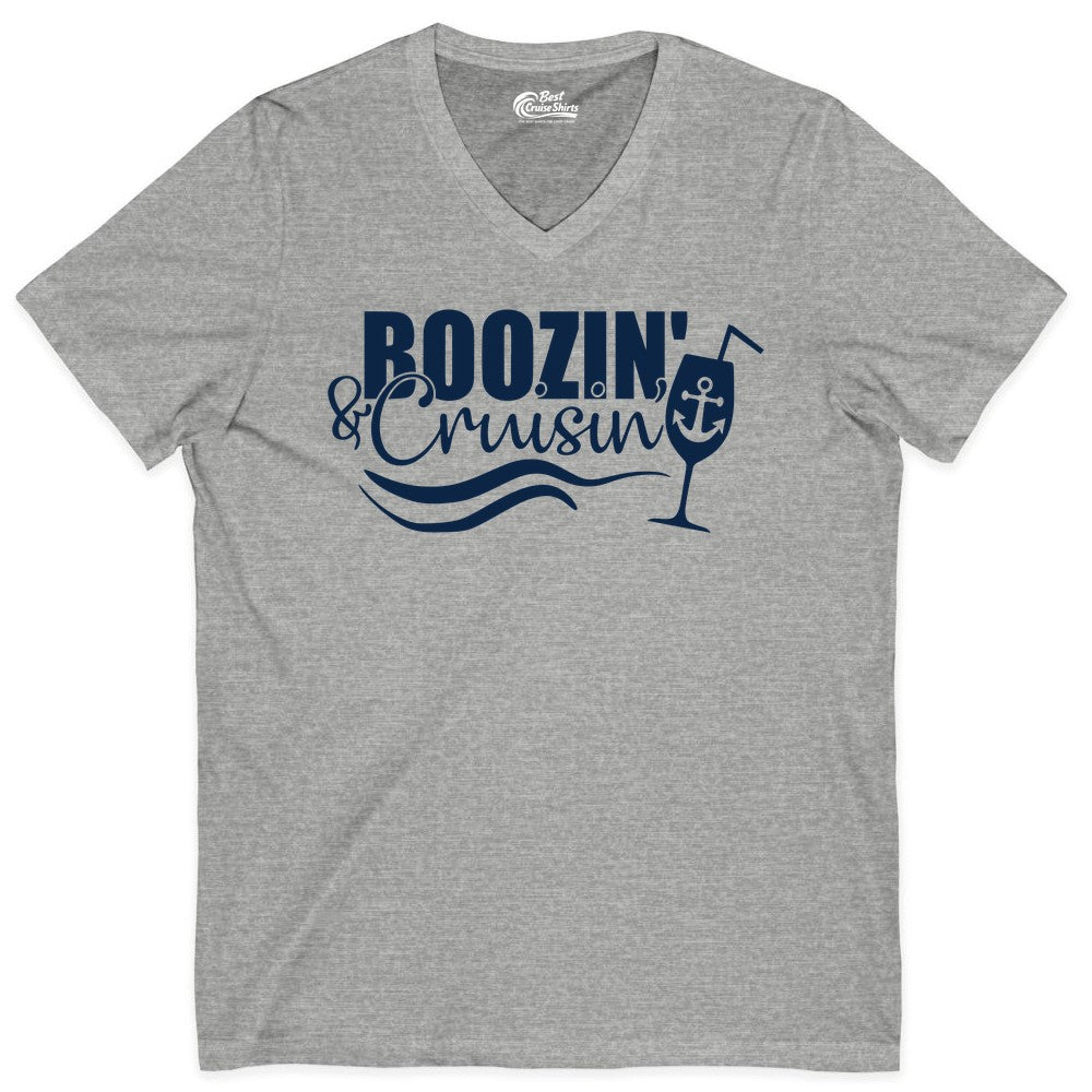 Boozin and Cruisin Shirt - Funny Cruise Drinking Shirt for Adults (V-Neck) in Athletic Heather - Boozin and Cruisin Shirt - Nautical Cruise Drinking Humor Tee Design