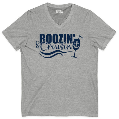 Boozin and Cruisin Shirt - Funny Cruise Drinking Shirt for Adults (V-Neck) in Athletic Heather - Boozin and Cruisin Shirt - Nautical Cruise Drinking Humor Tee Design