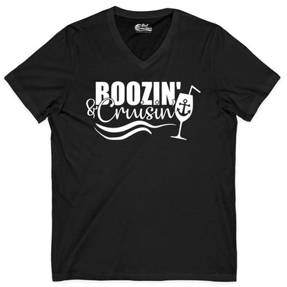 Boozin and Cruisin Shirt - Funny Cruise Drinking Shirt for Adults (V-Neck) in Black - Boozin and Cruisin Shirt - Nautical Cruise Drinking Humor Tee Design