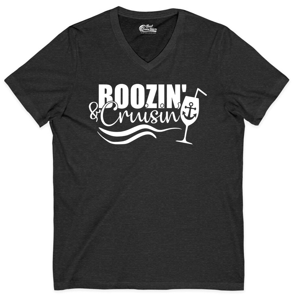 Boozin and Cruisin Shirt - Funny Cruise Drinking Shirt for Adults (V-Neck) in Dark Grey Heather - Boozin and Cruisin Shirt - Nautical Cruise Drinking Humor Tee Design