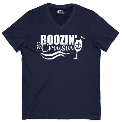 Boozin and Cruisin Shirt - Funny Cruise Drinking Shirt for Adults (V-Neck) in Navy - Boozin and Cruisin Shirt - Nautical Cruise Drinking Humor Tee Design
