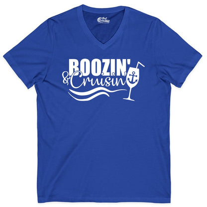 Boozin and Cruisin Shirt - Funny Cruise Drinking Shirt for Adults (V-Neck) in True Royal - Boozin and Cruisin Shirt - Nautical Cruise Drinking Humor Tee Design