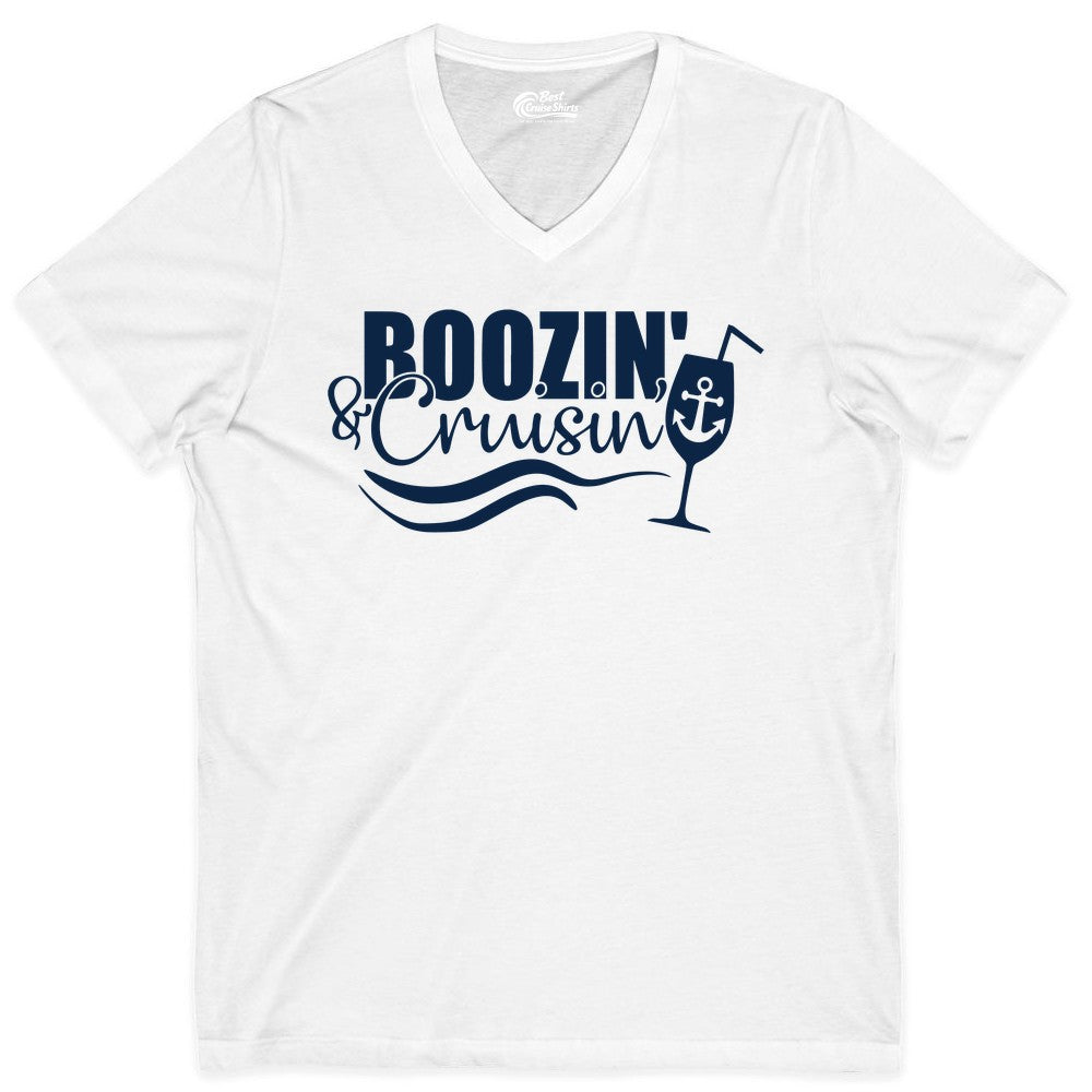 Boozin and Cruisin Shirt - Funny Cruise Drinking Shirt for Adults (V-Neck) in White - Boozin and Cruisin Shirt - Nautical Cruise Drinking Humor Tee Design