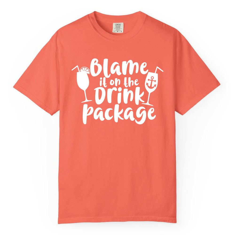 Blame It On The Drink Package Shirt - Funny Cruise Vacation Tee (Comfort Color) in Bright Salmon - Blame It On The Drink Package Cruise Shirt With Cocktails And Anchor