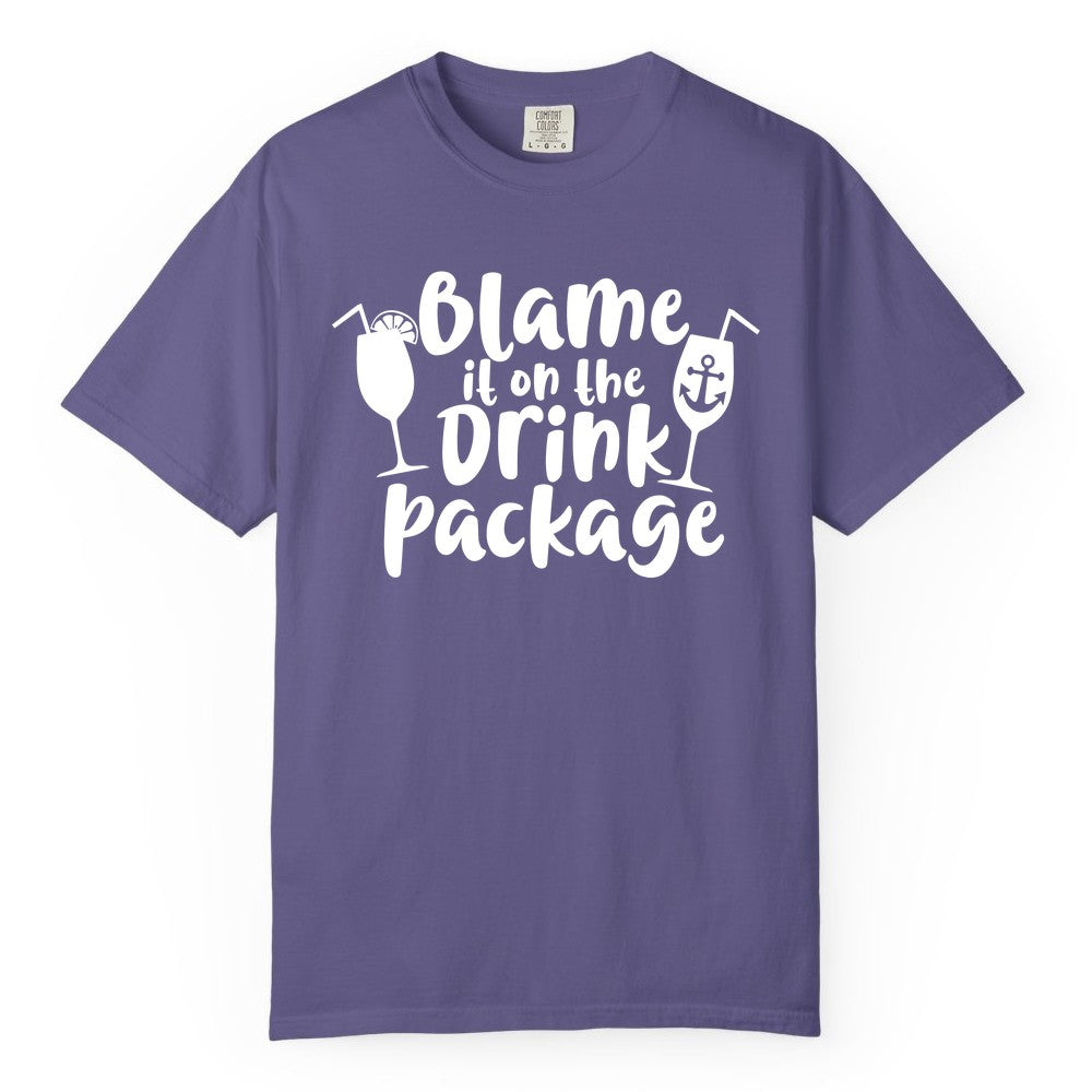 Blame It On The Drink Package Shirt - Funny Cruise Vacation Tee (Comfort Color) in Grape - Blame It On The Drink Package Cruise Shirt With Cocktails And Anchor