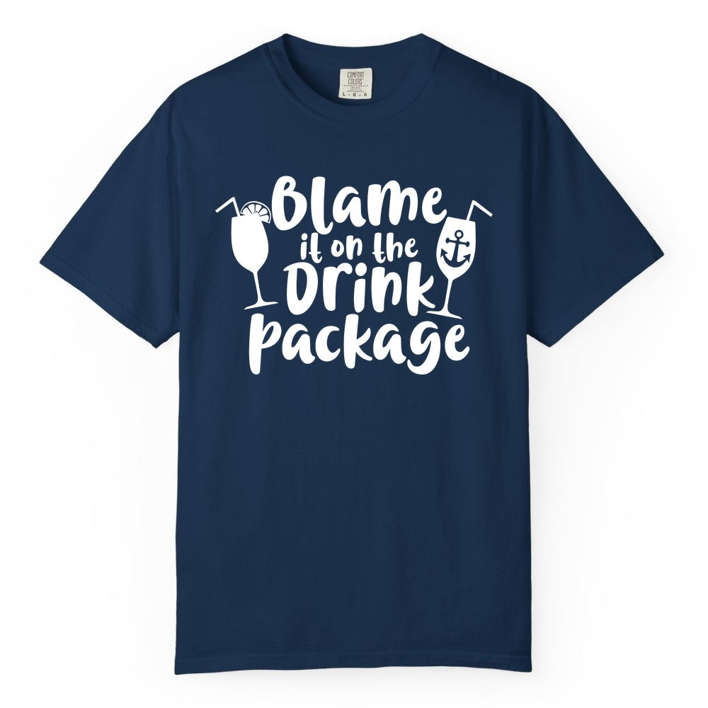 Blame It On The Drink Package Shirt - Funny Cruise Vacation Tee (Comfort Color) in Navy - Blame It On The Drink Package Cruise Shirt With Cocktails And Anchor