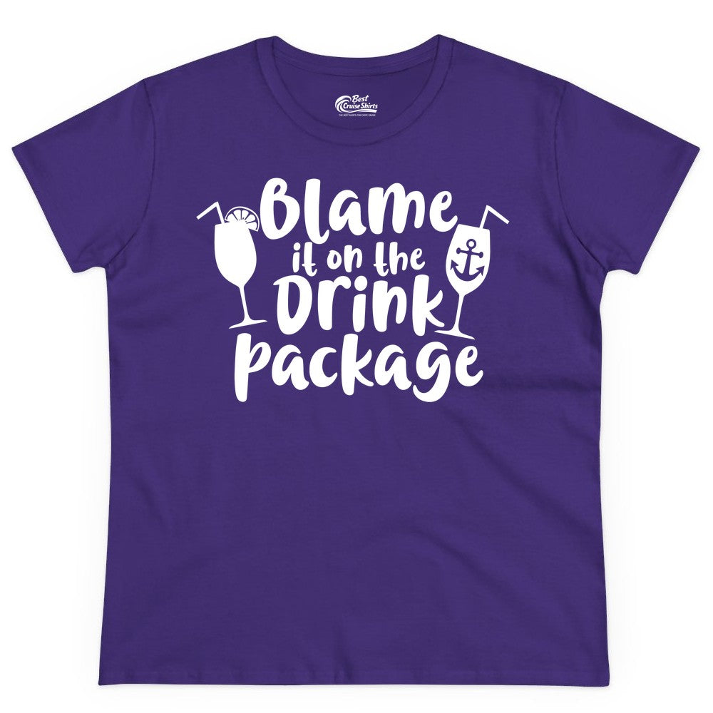 Blame It On The Drink Package Shirt - Funny Cruise Vacation Tee (Ladies Tee) in Purple - Blame It On The Drink Package Cruise Shirt With Cocktails And Anchor