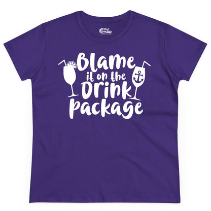 Blame It On The Drink Package Shirt - Funny Cruise Vacation Tee (Ladies Tee) in Purple - Blame It On The Drink Package Cruise Shirt With Cocktails And Anchor