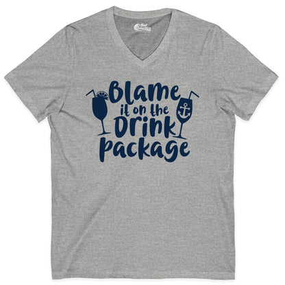 Blame It On The Drink Package Shirt - Funny Cruise Vacation Tee (V-Neck) in Athletic Heather - Blame It On The Drink Package Cruise Shirt With Cocktails And Anchor