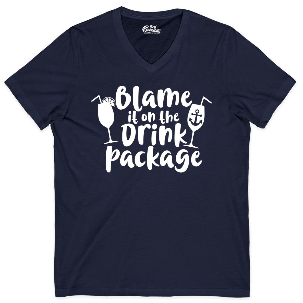 Blame It On The Drink Package Shirt - Funny Cruise Vacation Tee (V-Neck) in Navy - Blame It On The Drink Package Cruise Shirt With Cocktails And Anchor