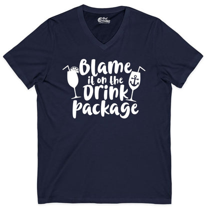 Blame It On The Drink Package Shirt - Funny Cruise Vacation Tee (V-Neck) in Navy - Blame It On The Drink Package Cruise Shirt With Cocktails And Anchor
