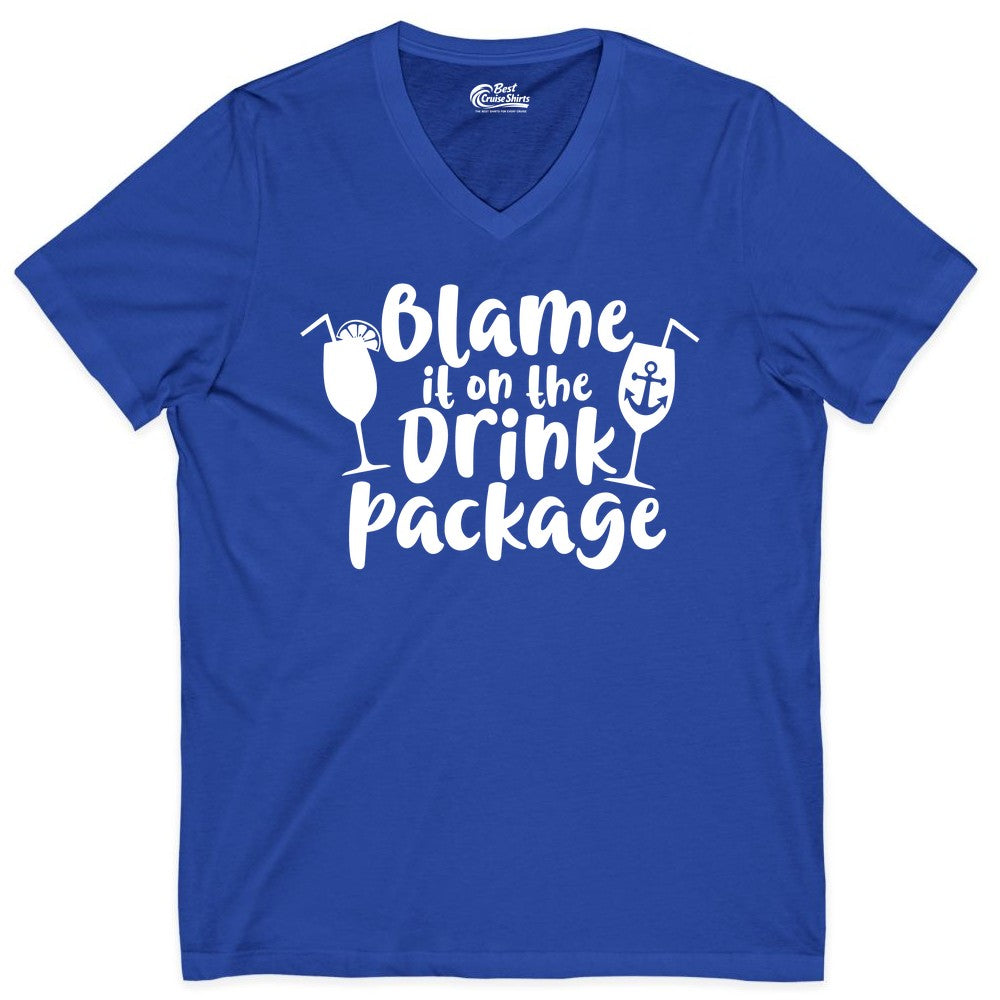 Blame It On The Drink Package Shirt - Funny Cruise Vacation Tee (V-Neck) in True Royal - Blame It On The Drink Package Cruise Shirt With Cocktails And Anchor