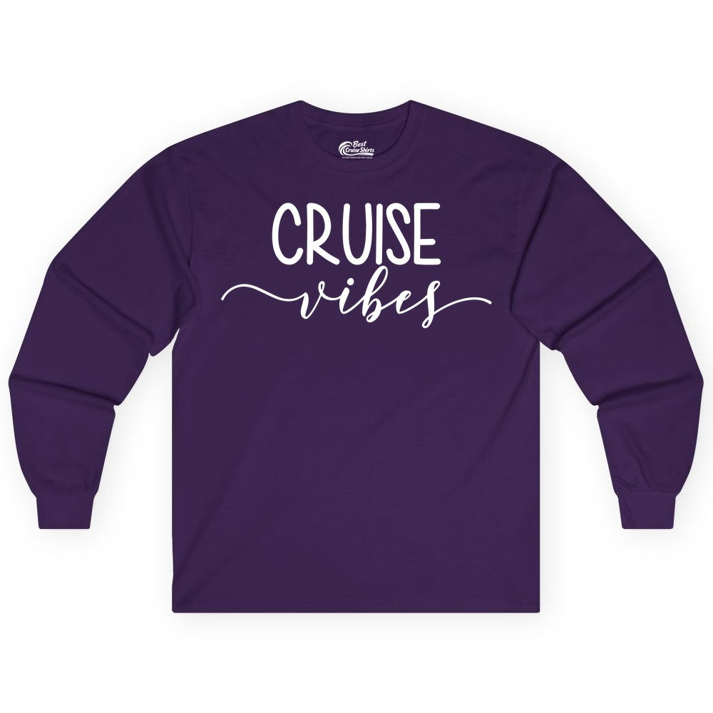 Cruise Vibes Shirt - Fun Cruise Vacation Tee for Groups & Parties (Long Sleeve) in Purple - Cruise Vibes Modern Script Typography Shirt for Group Cruise Trips