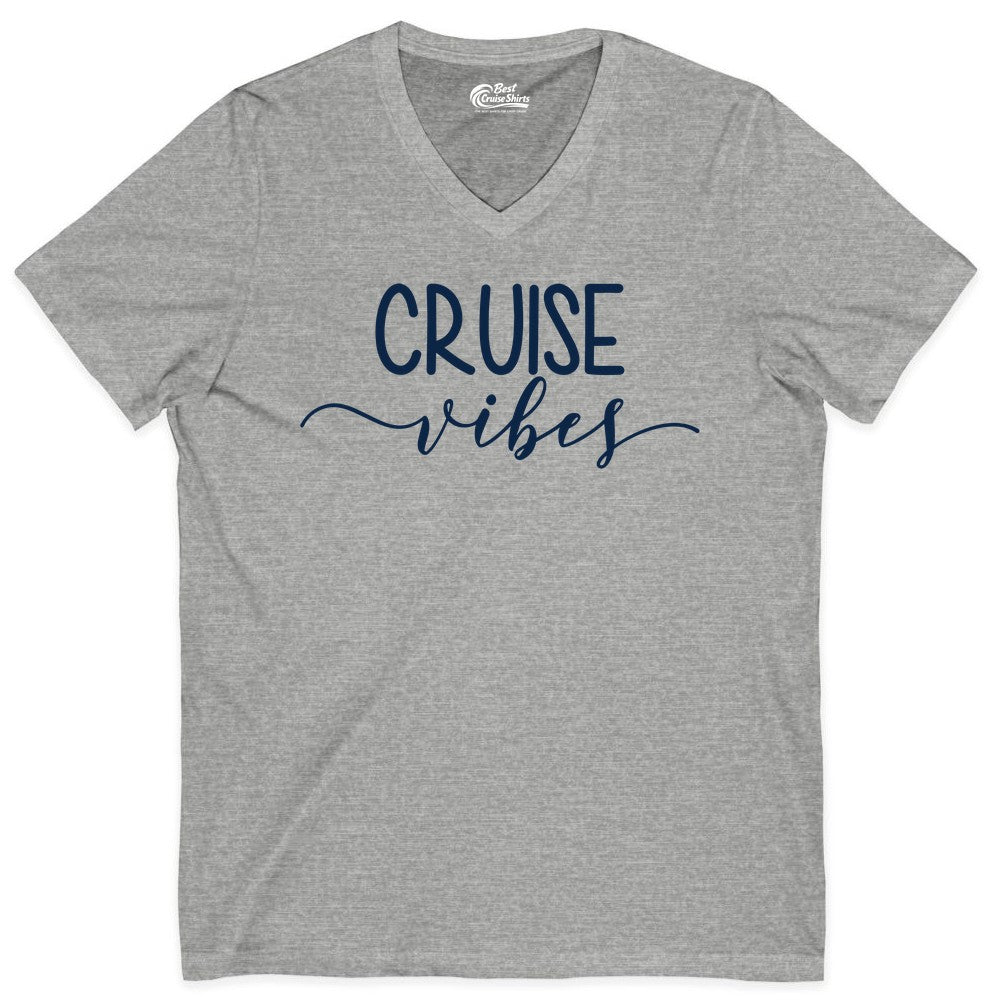 Cruise Vibes Shirt - Fun Cruise Vacation Tee for Groups & Parties (V-Neck) in Athletic Heather - Cruise Vibes Modern Script Typography Shirt for Group Cruise Trips