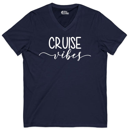 Cruise Vibes Shirt - Fun Cruise Vacation Tee for Groups & Parties (V-Neck) in Navy - Cruise Vibes Modern Script Typography Shirt for Group Cruise Trips