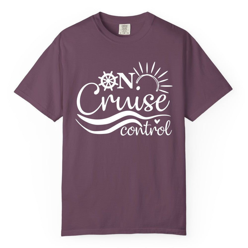 On Cruise Control Shirt - Fun Nautical Cruise Vacation Apparel Tee (Comfort Color) in Berry - On Cruise Control Shirt - Playful Nautical Sun and Waves Design