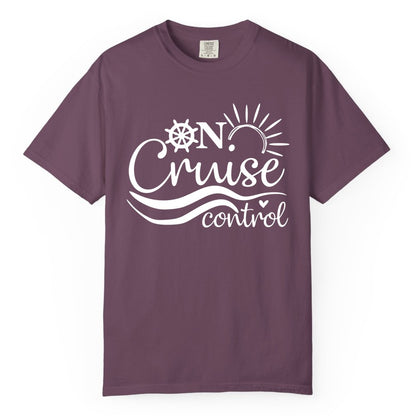 On Cruise Control Shirt - Fun Nautical Cruise Vacation Apparel Tee (Comfort Color) in Berry - On Cruise Control Shirt - Playful Nautical Sun and Waves Design