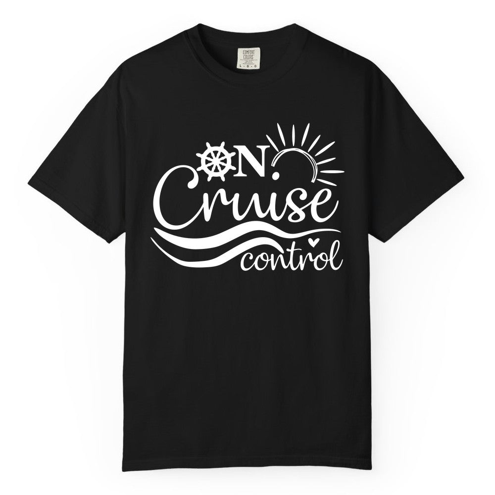 On Cruise Control Shirt - Fun Nautical Cruise Vacation Apparel Tee (Comfort Color) in Black - On Cruise Control Shirt - Playful Nautical Sun and Waves Design