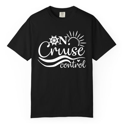 On Cruise Control Shirt - Fun Nautical Cruise Vacation Apparel Tee (Comfort Color) in Black - On Cruise Control Shirt - Playful Nautical Sun and Waves Design