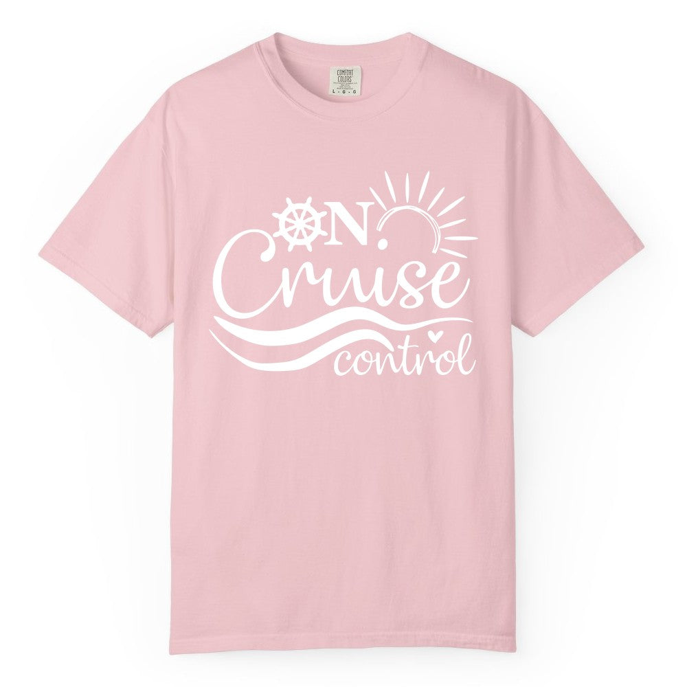 On Cruise Control Shirt - Fun Nautical Cruise Vacation Apparel Tee (Comfort Color) in Blossom - On Cruise Control Shirt - Playful Nautical Sun and Waves Design