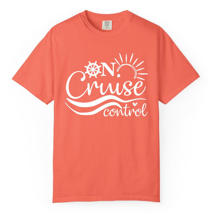 On Cruise Control Shirt - Fun Nautical Cruise Vacation Apparel Tee (Comfort Color) in Bright Salmon - On Cruise Control Shirt - Playful Nautical Sun and Waves Design