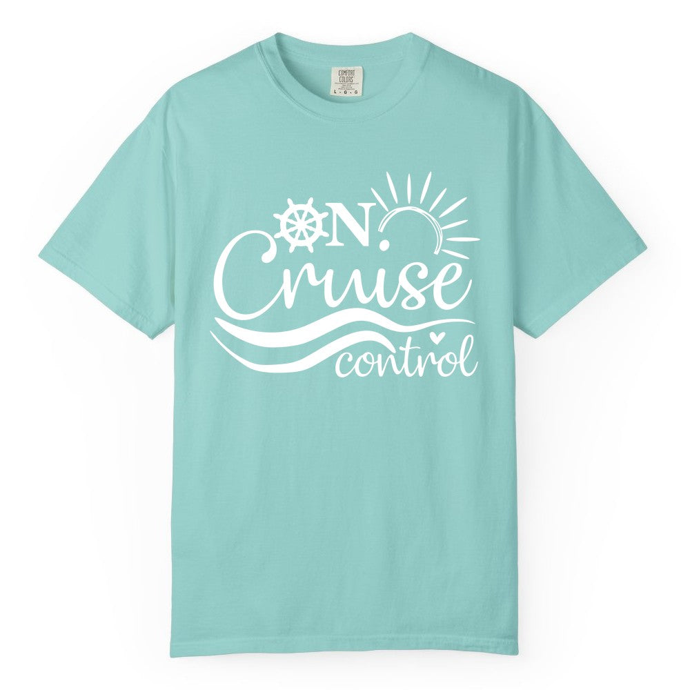 On Cruise Control Shirt - Fun Nautical Cruise Vacation Apparel Tee (Comfort Color) in Chalky Mint - On Cruise Control Shirt - Playful Nautical Sun and Waves Design