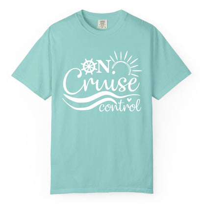 On Cruise Control Shirt - Fun Nautical Cruise Vacation Apparel Tee (Comfort Color) in Chalky Mint - On Cruise Control Shirt - Playful Nautical Sun and Waves Design