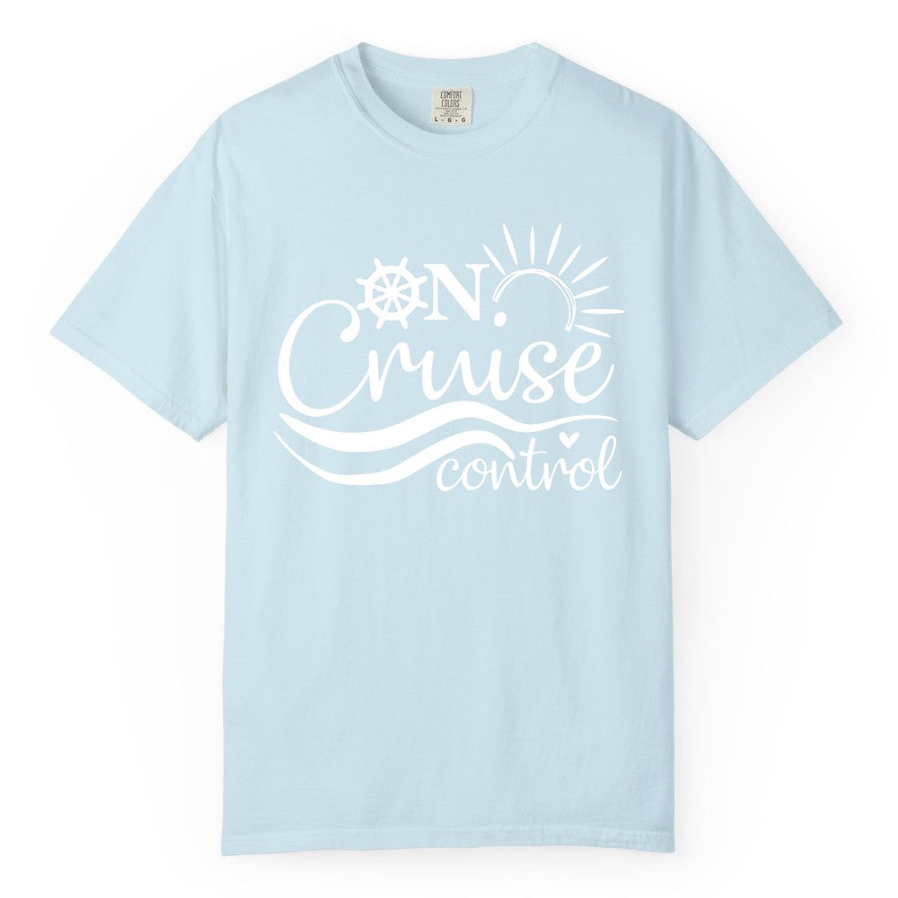 On Cruise Control Shirt - Fun Nautical Cruise Vacation Apparel Tee (Comfort Color) in Chambray - On Cruise Control Shirt - Playful Nautical Sun and Waves Design