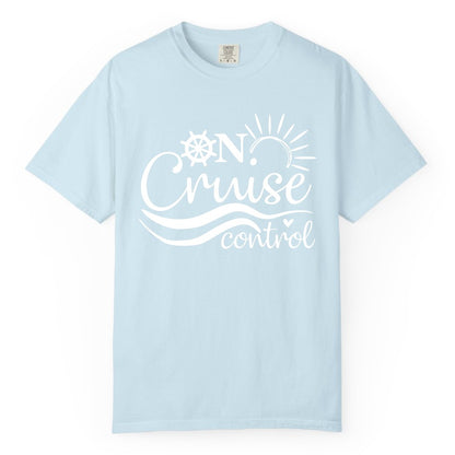 On Cruise Control Shirt - Fun Nautical Cruise Vacation Apparel Tee (Comfort Color) in Chambray - On Cruise Control Shirt - Playful Nautical Sun and Waves Design