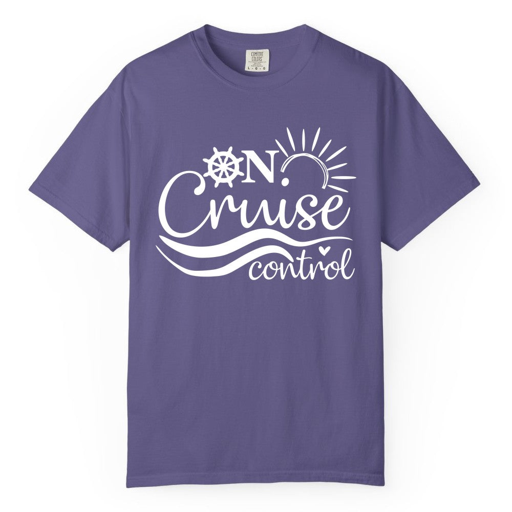 On Cruise Control Shirt - Fun Nautical Cruise Vacation Apparel Tee (Comfort Color) in Grape - On Cruise Control Shirt - Playful Nautical Sun and Waves Design