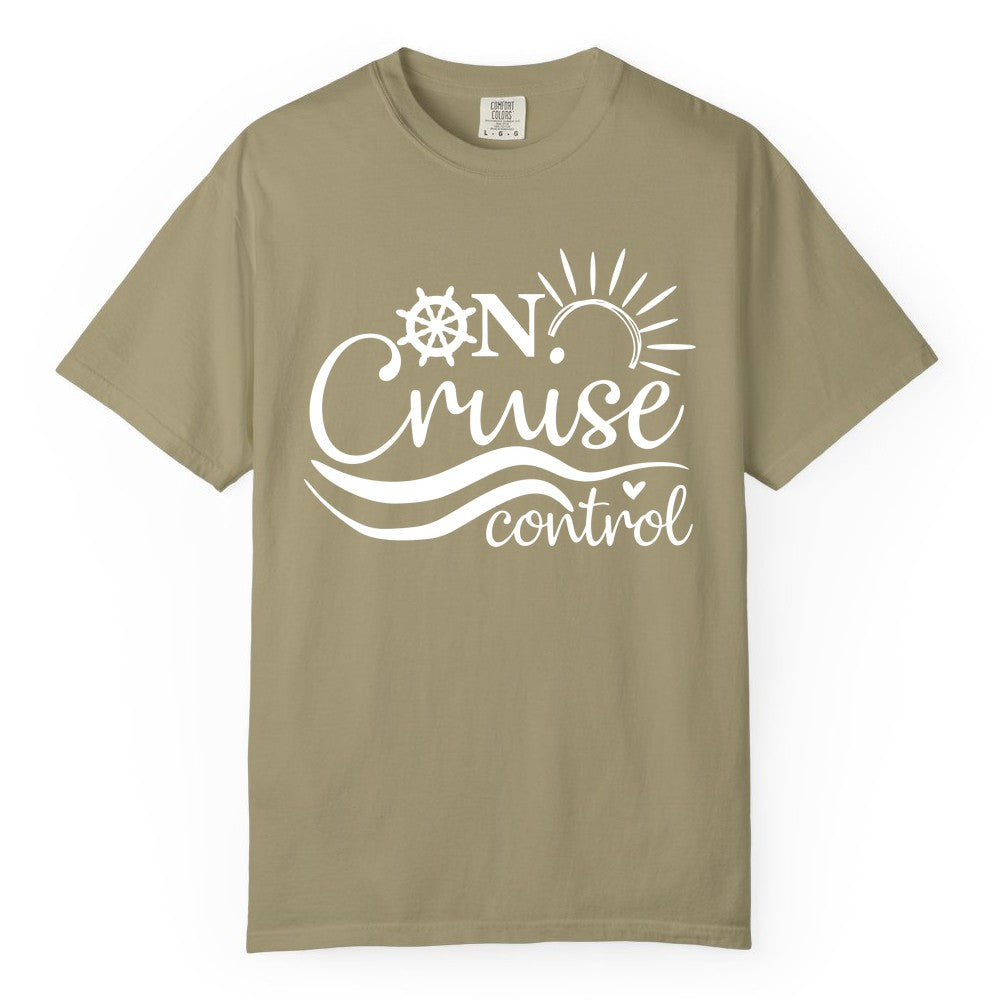On Cruise Control Shirt - Fun Nautical Cruise Vacation Apparel Tee (Comfort Color) in Khaki - On Cruise Control Shirt - Playful Nautical Sun and Waves Design